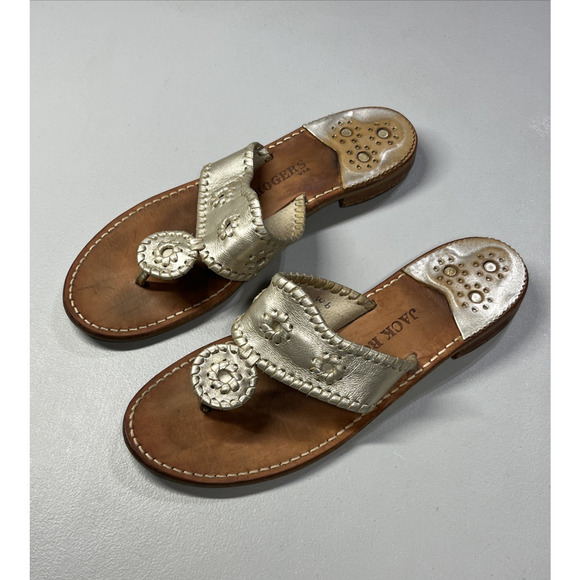 Jack Rogers Sandals Gold Leather Medallion Womens 9 M Whipstitch Thong Slip On - Picture 1 of 11